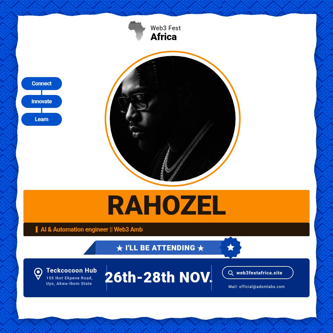 rahozel's tweet photo. I'll be live at @Web3FestAfrica 2026! 🚀 Join me and thousands of builders across Africa in Uyo, Nigeria (Nov 26–28 at Teckcocoon).
Grab your pass here: https://t.co/kS08Lyl33W
#Web3FestAfrica2026 #Web3FestAfrica #Web3InUyo https://t.co/d41N2VNSFy