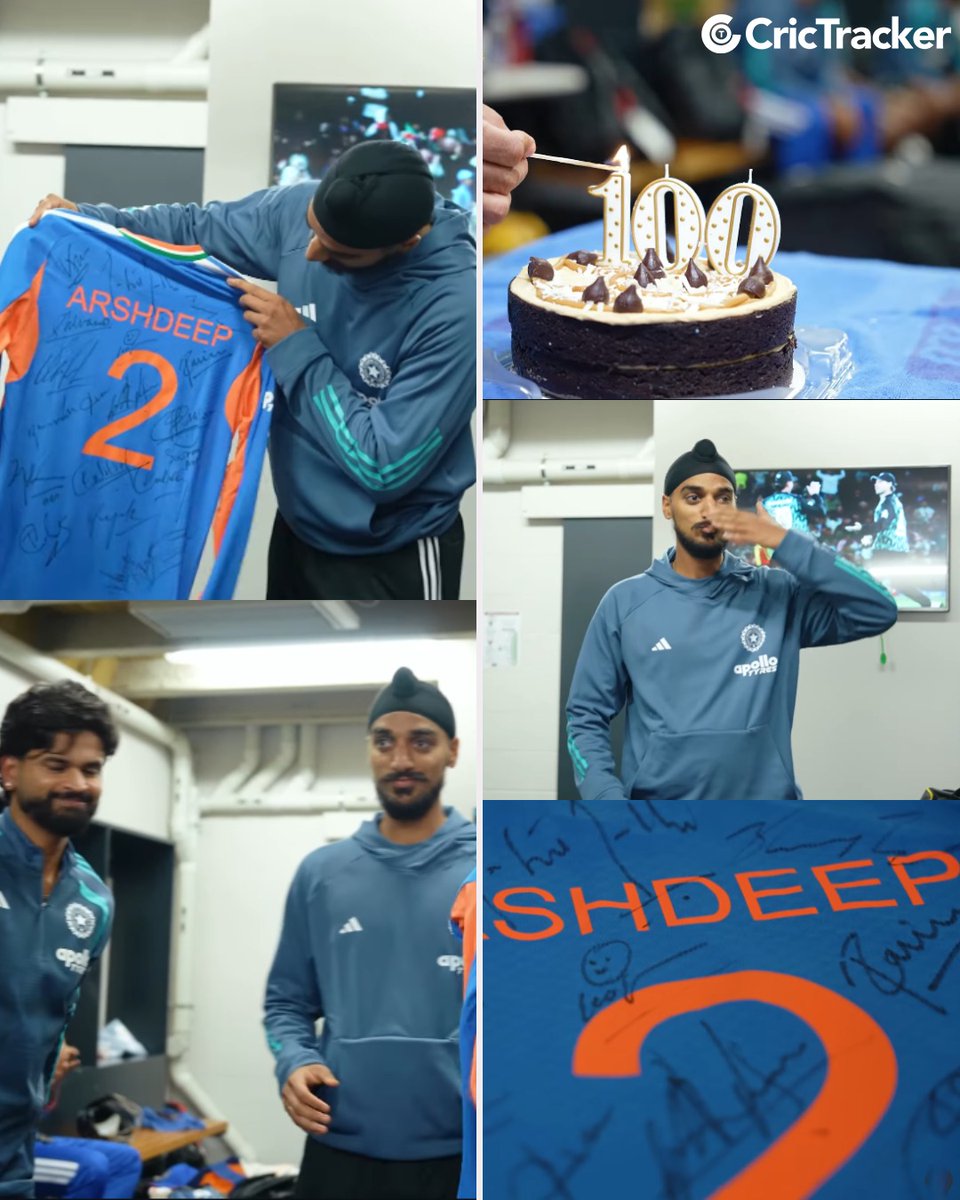 Cricketracker's tweet photo. 𝟭𝟬𝟬 𝙢𝙖𝙩𝙘𝙝𝙚𝙨. 𝙊𝙣𝙚 𝙨𝙥𝙚𝙘𝙞𝙖𝙡 𝙟𝙚𝙧𝙨𝙚𝙮💙

Team India celebrates Arshdeep Singh’s 100 T20I appearances with a memorable gesture from the dressing room. 🇮🇳🤝

📸: BCCI 

#TeamIndia | #ArshdeepSingh | #NZvIND https://t.co/ekzVMXUXOW