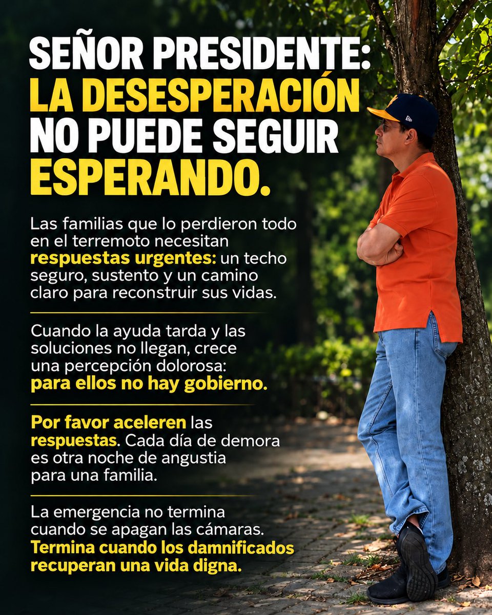 AlvaroAlvaradoC's tweet photo. Señor presidente, señores ministros: detrás de cada casa destruida hay una familia que sufre. Hay niños que no entienden lo que pasó, adultos mayores que perdieron la tranquilidad y personas que vieron desaparecer, en segundos, el esfuerzo de toda una vida.

Pido empatía. Pónganse por un momento en el lugar de quien llega a la noche sin saber dónde va a dormir, qué les dará de comer a sus hijos o con qué dinero comprará sus medicinas.

Comida, un techo seguro y un auxilio económico temporal son necesidades urgentes. Las familias necesitan sostenerse hoy mientras llegan las soluciones para reconstruir sus hogares. El hambre y la angustia no pueden quedar esperando entre trámites y anuncios.

La empatía se demuestra escuchando, acompañando y tomando decisiones que alivien el sufrimiento. No basta con pedirles paciencia: hay que darles razones para tener esperanza.

Cuando la respuesta tarda, crece entre los afectados esa dolorosa sensación de que para ellos no hay gobierno. Escuchen ese reclamo y respondan con hechos.

Por favor, aceleren las respuestas. Cada día de demora es otra noche de incertidumbre para gente que ya ha sufrido demasiado.

La emergencia no termina cuando se apagan las cámaras. Termina cuando estas familias recuperan una vida digna.