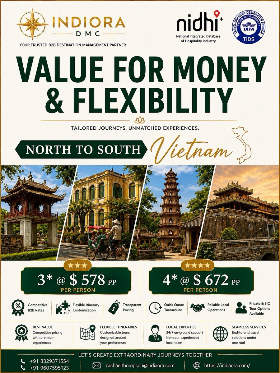 marchile8's tweet photo. Vietnam from North to South, your way. Indiora DMC offers tailor-made Vietnam journeys for travel agents and B2B partners, with competitive rates, flexible itineraries, fast quotes, reliable local operations, and 24/7 support. Packages from $578 https://t.co/yltQhMghsp
