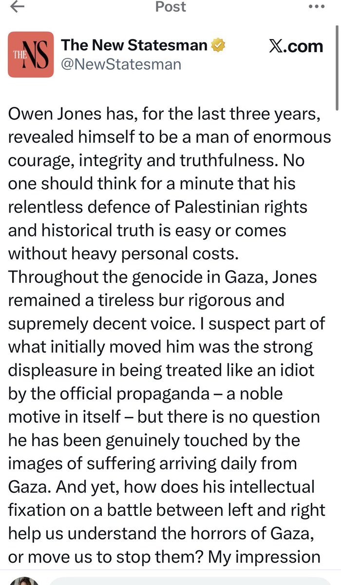 nicolelampert's tweet photo. What on earth is going on at the New Statesman. 
First the Sally Rooney bollocks. And now they are calling Owen Jones ‘a man of enormous courage, integrity and truthfulness’. WHAT?? https://t.co/r15Oqna1LD