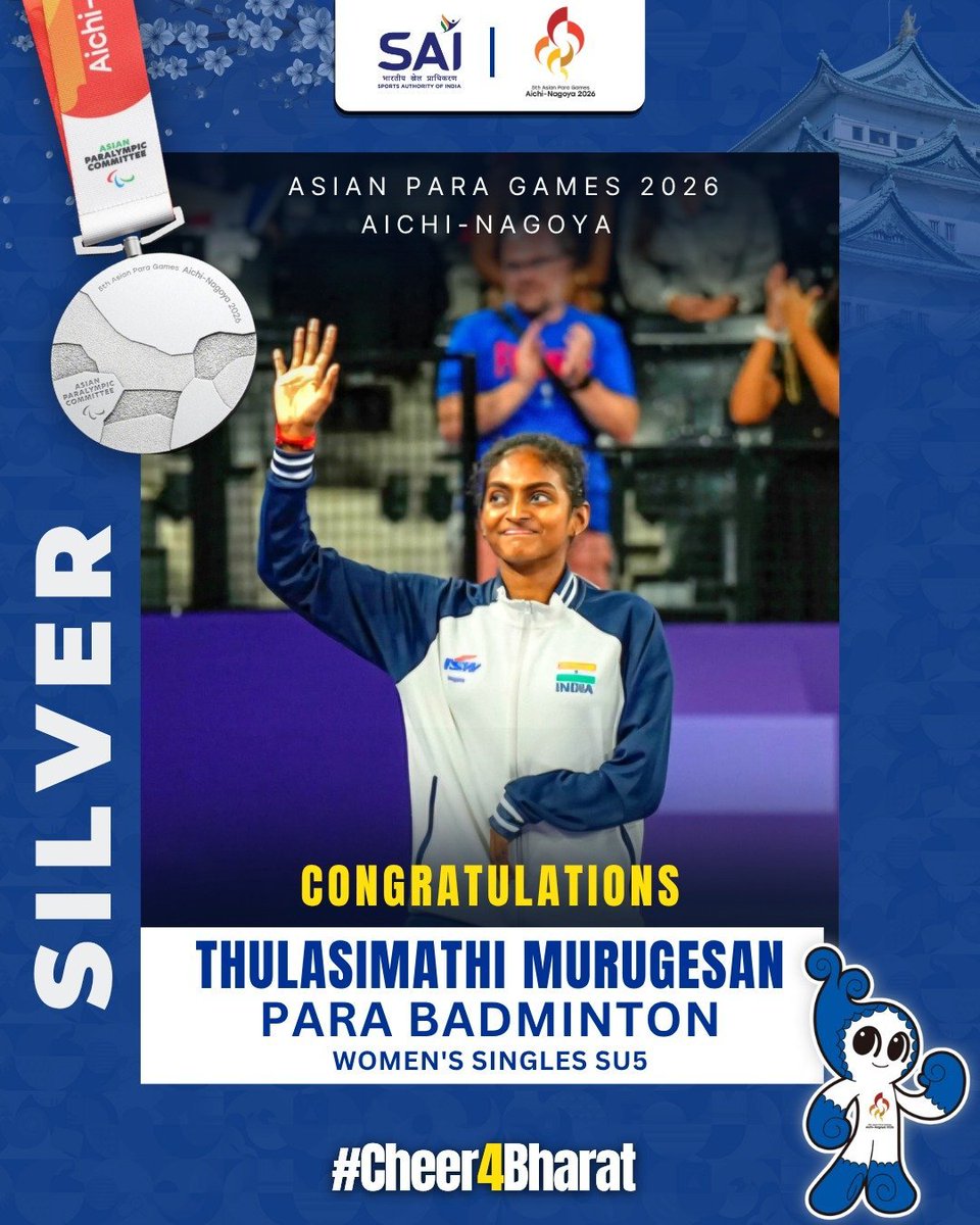 JPNadda's tweet photo. THULASIMATHI SHINES WITH SILVER! 

Heartiest wishes to Thulasimathi Murugesan on winning Silver in Women’s Singles SU5 at #AsianParaGames2026.

Her remarkable performance on the continental stage reflects her determination and consistency. A commendable achievement for Indian para-badminton!