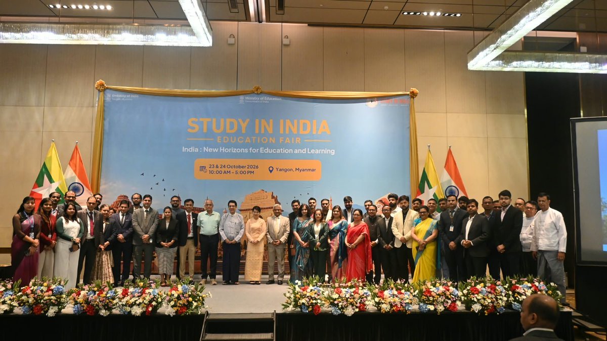 IndiainMyanmar's tweet photo. 26 leading Indian public and private universities are participating in our ongoing two-day "Study in India" Education Fair  in Yangon on 23-24 October 2026. Inaugurated by Education Minister Dr. Chaw Chaw Sein and Amb Abhay Thakur today, it drew over 300 students, faculty and education sector stakeholders from Myanmar at the Opening session.

With high quality education at undergraduate, postgraduate and doctoral levels, wide variety of academic fields and courses,  affordable costs, multiple scholarships, English medium education, cultural affinity and proximity, welcoming environment,  range of student services, and visa processing against confirmed admissions in recognized institutions, India has emerged as a preferred education destination of choice for Myanmar, with nearly 500 admissions this year.

In addition, capacity enhancement, trainings for teachers and university exchanges are important new areas of  cooperation in the education sector with Myanmar.

Details in Press release below. Ambassador's remarks are at https://t.co/miuEt5k9Yi

Visit Study in India portal at https://t.co/RxrPkVoMGj

@MEAIndia 
@PMOIndia 
@DrSJaishankar 
@narendramodi 
@EdCIL_India 
@EduMinOfIndia 
@StudyInIndiaGov 
@IndianDiplomacy 
@PIB_India 
@PBSHABD 
@airnewsalerts 
@DDNewslive