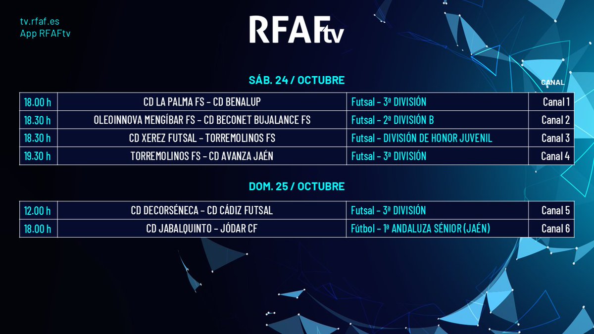 RFAF's tweet photo. 𝗘𝗹 𝗳ú𝘁𝗯𝗼𝗹 𝘆 𝗳ú𝘁𝗯𝗼𝗹 𝘀𝗮𝗹𝗮 𝗺𝗮𝗿𝗰𝗮𝗻 𝗲𝗹 𝗿𝗶𝘁𝗺𝗼 𝗱𝗲𝗹 𝗳𝗶𝗻𝗱𝗲 💣   

🆂á🅱📷🅳📷 🅾
 ⚔@LaPalmaFS 🆚 @CDBenalup_FS  
⚔️@Mengibar_FS 🆚  @bujalancefs
⚔️ @XerezDFC_Futsal  🆚 @FSTorremolinos
⚔️ @FSTorremolinos  🆚 @AvanzaJaen 

🅓🅞🅜🅘🅝🅖🅞 
⚔️ @decorsenecaFS  🆚 @cadiz_futsal 
⚔️ #cdjabalquinto 🆚 @EMDJodar 

📷En directo y GRATIS en la app de #RFAFtv https://t.co/AoImQruzqB #FutsalRFAF