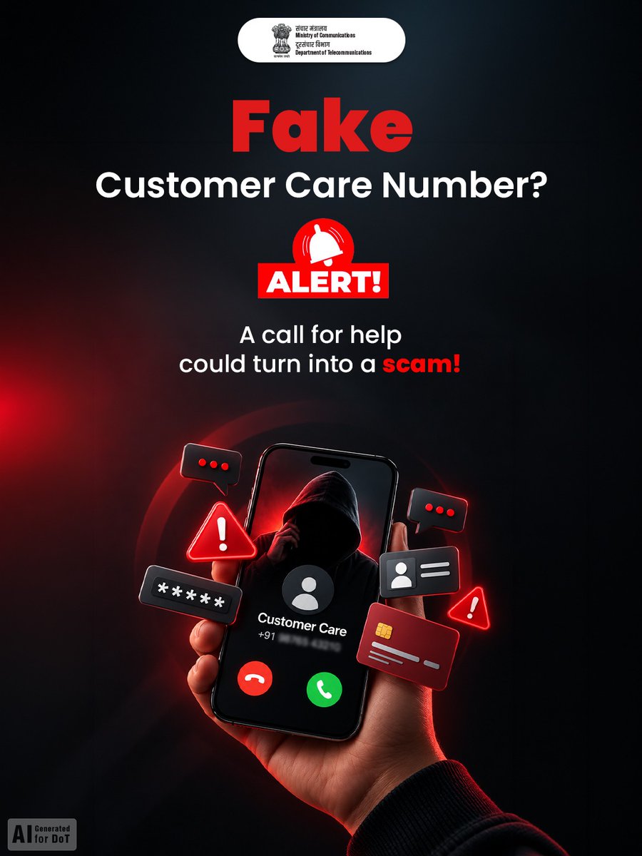DoT_India's tweet photo. Not every customer care number is genuine!
Scammers may trick you with fake numbers and refund offers. Never share your OTP or UPI PIN with anyone. Report suspicious numbers on Sanchar Saathi and stay safe from fraud!

#CustomerCareScam #ScamAlert #DigitalSafety #SancharSaathi #DoT 

@JM_Scindia @PemmasaniOnX @PIB_India @pib_comm @DDNewslive