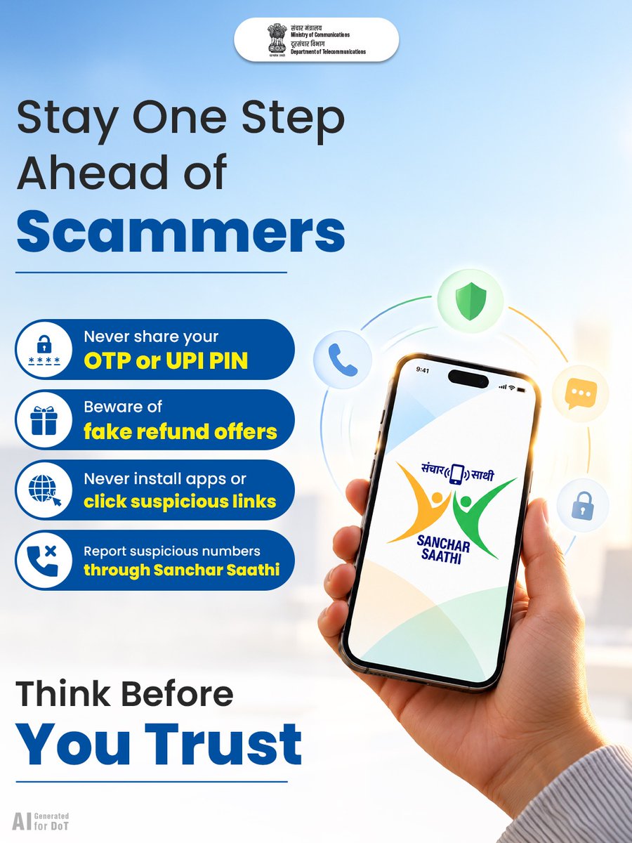 DoT_India's tweet photo. Not every customer care number is genuine!
Scammers may trick you with fake numbers and refund offers. Never share your OTP or UPI PIN with anyone. Report suspicious numbers on Sanchar Saathi and stay safe from fraud!

#CustomerCareScam #ScamAlert #DigitalSafety #SancharSaathi #DoT 

@JM_Scindia @PemmasaniOnX @PIB_India @pib_comm @DDNewslive