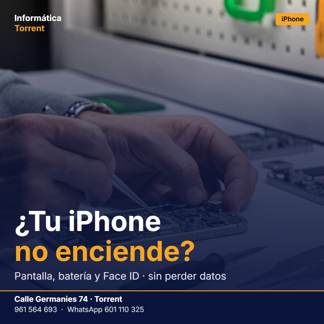 InformaticaTorr's tweet photo. ¿Tu iPhone no enciende? Lo revisamos en Torrent. Antes de darlo por perdido: puede ser la batería, el conector, la pantalla o la placa. Lo diagnosticamos en Torrent y te decimos qué tiene y cuánto cuesta antes de reparar.
📲 WhatsApp 601 110 325 #ReparacioniPhone #iPhone https://t.co/IenpMuoa7S