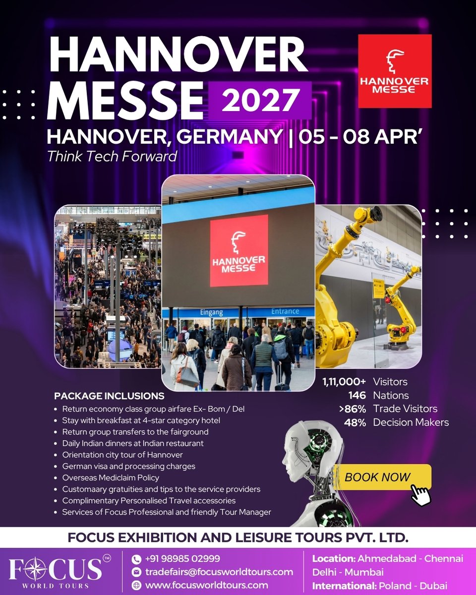 nousoesta's tweet photo. Supercharge your business at Hannover Messe 2027 in Germany. Join 111, 000+ global visitors and connect with leading decision-makers. Focus World Tours manages your travel package, from flights to Indian dinners, so you can focus on success. https://t.co/UgviyMJXJL