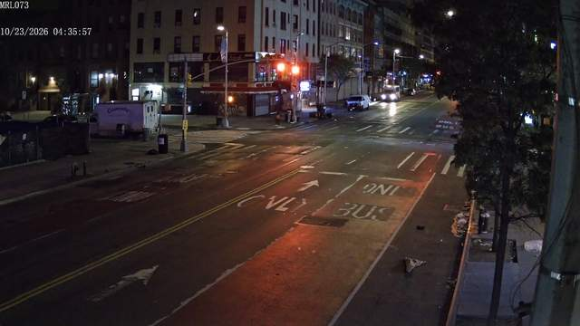 Random_Robbie's tweet photo. A camera watching a city street in the small hours - bus lane, signals, nobody around - streams the scene to anyone who knows where to look. `rtsp has_screenshot:true -tag:honeypot` #shodansafari https://t.co/JKpTTMO7Lh