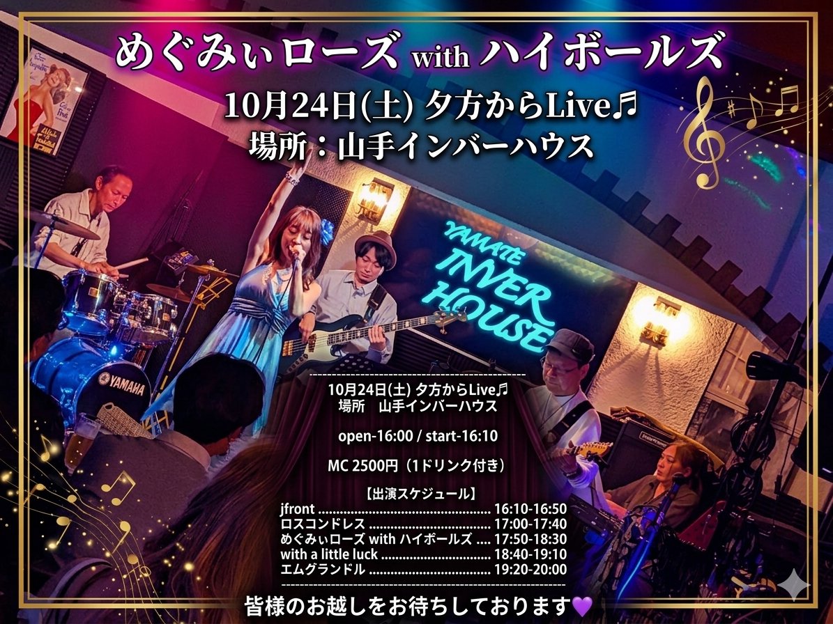 2Altus's tweet photo. 10月24日(土)
山手インバーハウス💙夕方からLive🎵
MC 2500円(1ドリンク付き)🍷
フードメニューもあります🍝

根岸線山手駅からすぐです😊
山手インバーハウス https://t.co/7tkfVEQtjE

#めぐみぃローズ
#山手インバーハウス
#バンドライブ https://t.co/cD5kdl6hcm