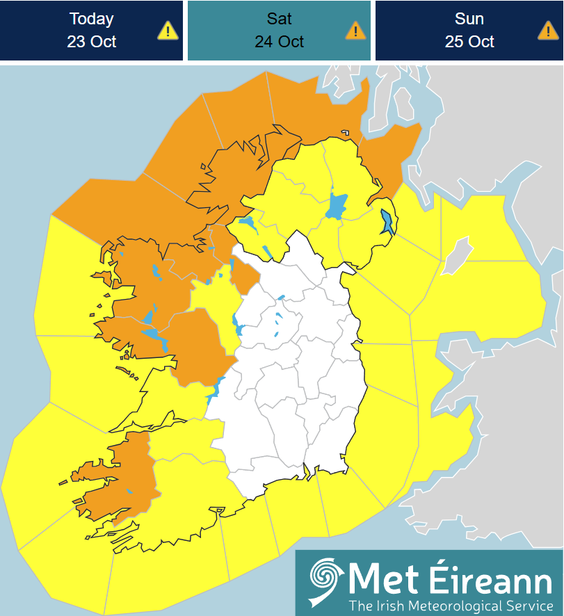 MetEireann's tweet photo. ⚠️Weather warnings issued for Sat Oct 24th into Sun 25th⚠️

‼️A combination of wind &amp; rain warnings will come into effect for S, W &amp; NW counties from the early hours of tomorrow (Saturday) morning, due to conditions associated with #StormBoelo

ℹ️https://t.co/l8JdKfxxiH https://t.co/WGVblWDiZ7