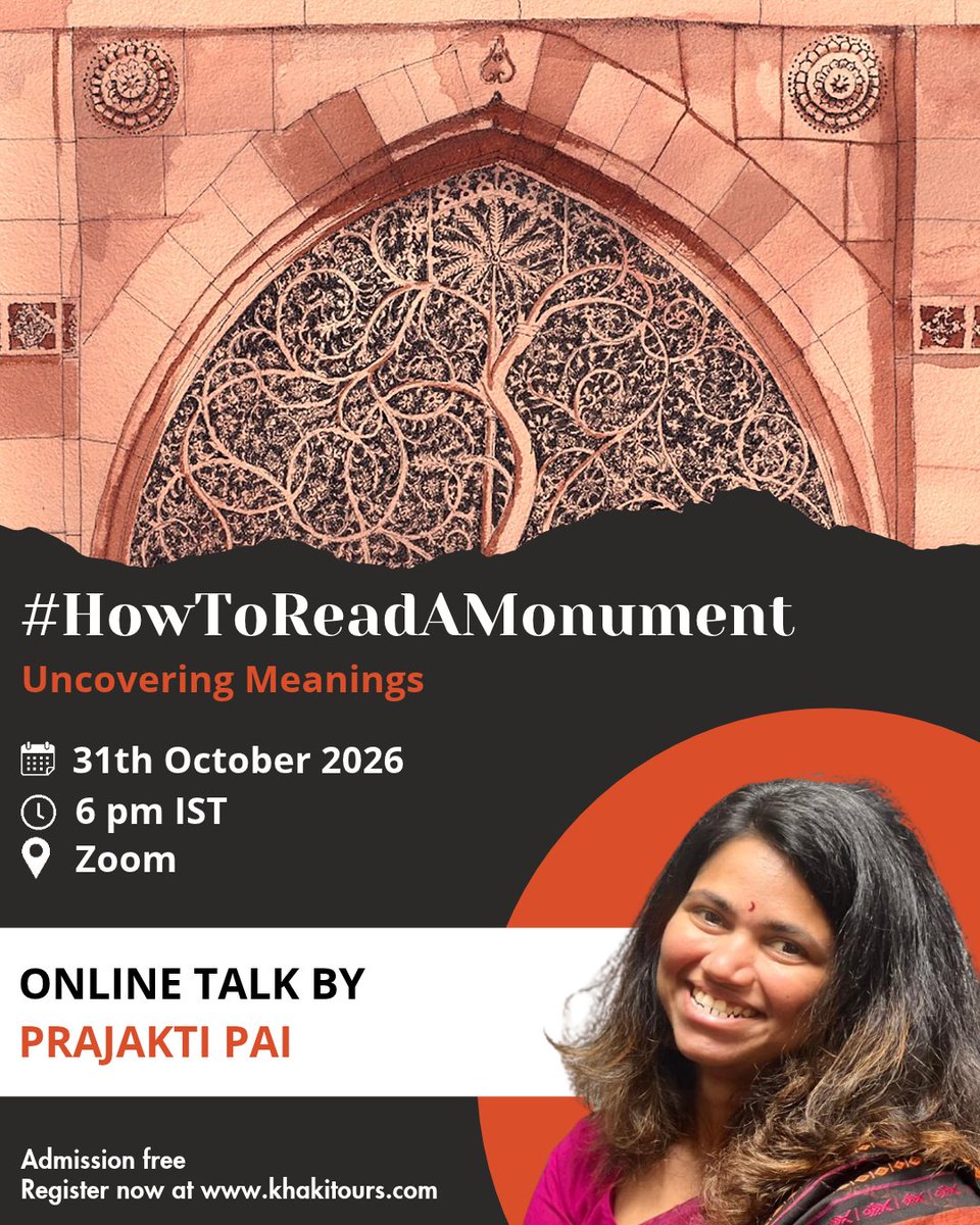 KhakiLab's tweet photo. Announcing Talk 339
#HowToReadAMonument – Uncovering Meanings | Online Talk by Prajakti Pai

Monuments have been a part of our built landscapes since centuries. We visit them as part of our travel itineraries, we look at them, we picture them. But, can we also read them? What does it mean to ‘read’ a monument? And how does one go about such a reading? At our Online Talk #HowToReadAMonument, author and educator Prajakti Pai invites us to read India’s monuments beyond stone and ornament and uncover the many layers of meanings embedded within them. She draws upon monuments of India from different regions, periods, and traditions to explore how architecture reflects faith, memory, myths, artistic imagination, cultural exchange, and collective identity. She explores monuments as repositories of stories, and urges one to listen to them to discover stories, symbols, and memories that they continue to carry.

📍Sat | 31th October | 6 PM | Zoom
Admission Free
Register now: https://t.co/wB8fSYizSl

About the speaker
Prajakti Pai holds a Master of Arts degree in Philosophy. She is a designer and educator who has been teaching at colleges of architecture and design for over sixteen years. Her academic explorations have taken her into the study of Indian Aesthetics and Temples, Museology and Conservation, Southeast Asian Art and Architecture, and Mythology. Prajakti has recently co-authored a book titled “51+ Monuments of India” along with Yashwant Pitkar and Yadneshwar Pathak. She finds joy in travelling, sketching, and creating. She blogs at https://t.co/8vAhv8cmfc

#MonumentsOfIndia #IndianMonuments #IndianArchitecture #MonumentalHeritage #ArchitecturalHistory #TempleArchitecture #IndianTemples #OnlineTalk #MumbaiHistory #MumbaiHeritage