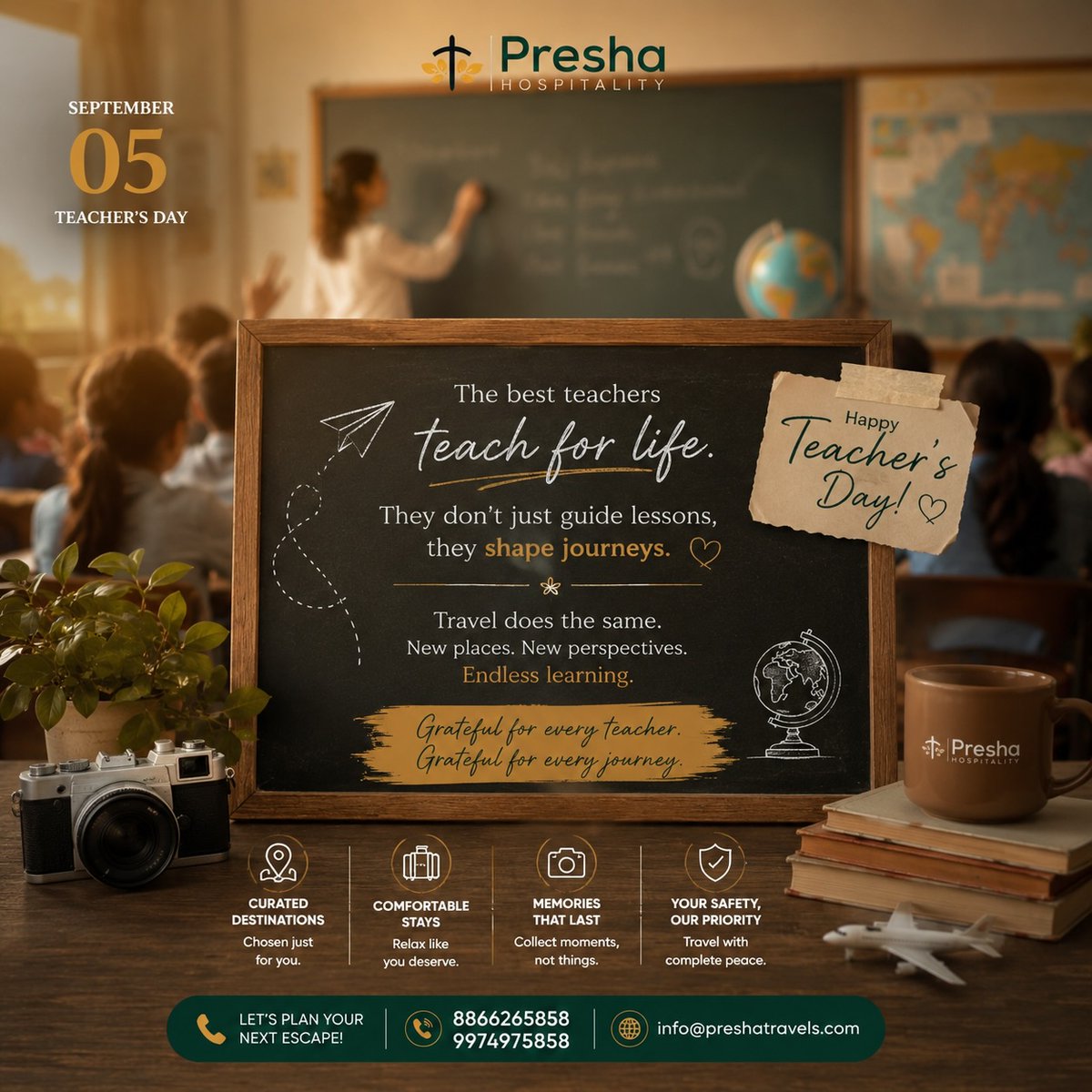 court730's tweet photo. Some teachers teach lessons. The best teach us how to live. This Teacher’s Day, we celebrate those who shape our journeys and the experiences that keep us learning. Happy Teacher’s Day from Presha Hospitality. https://t.co/herraO5xP2