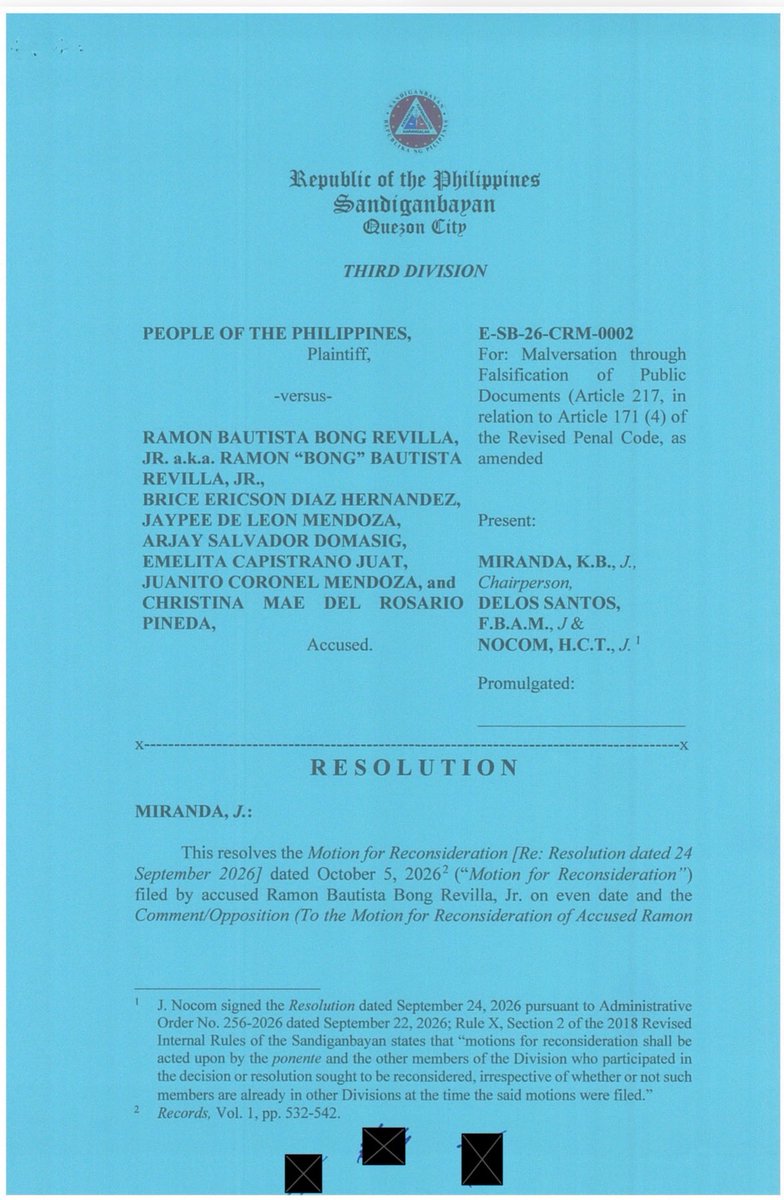 JohnRizCalata's tweet photo. NEWS UPDATE: The Sandiganbayan Third Division has upheld its decision denying former Senator Ramon “Bong” Revilla Jr.’s camp’s request for Associate Justice Miranda to inhibit from his malversation case.

This came after the court denied Revilla’s motion for reconsideration of his second motion for inhibition for lack of merit.

The former senator is facing a malversation case over an alleged ₱92.8-million “ghost” flood control project in Pandi, Bulacan. @bncdotph