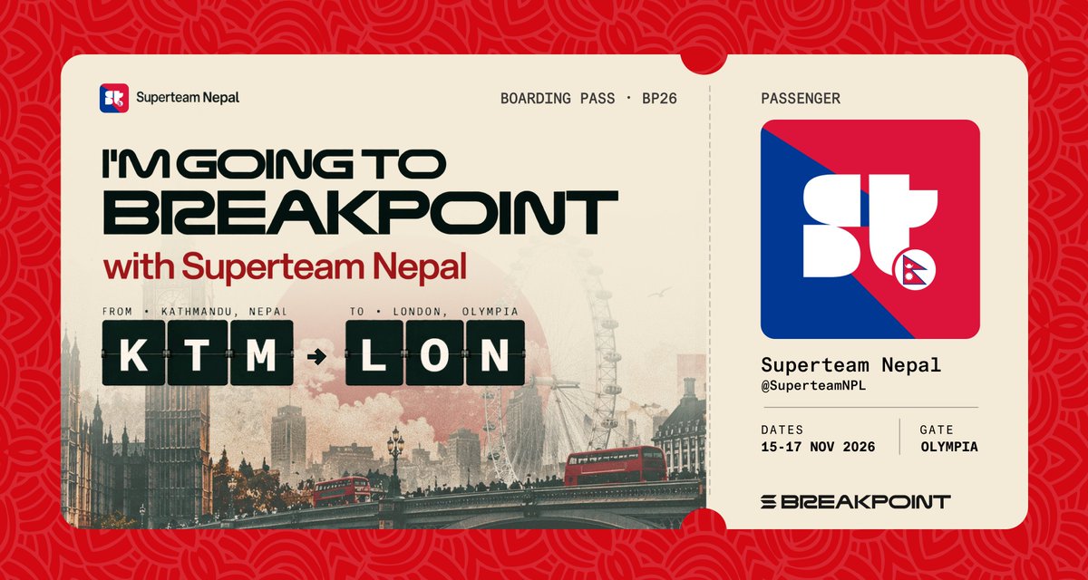 SuperteamNPL's tweet photo. NEXT STOP: BREAKPOINT, LONDON! 🇬🇧

If you are flying from Nepal to Olympia next month, we want to see you on the timeline.

Get your boarding pass below: https://t.co/MQZeSYXBzl