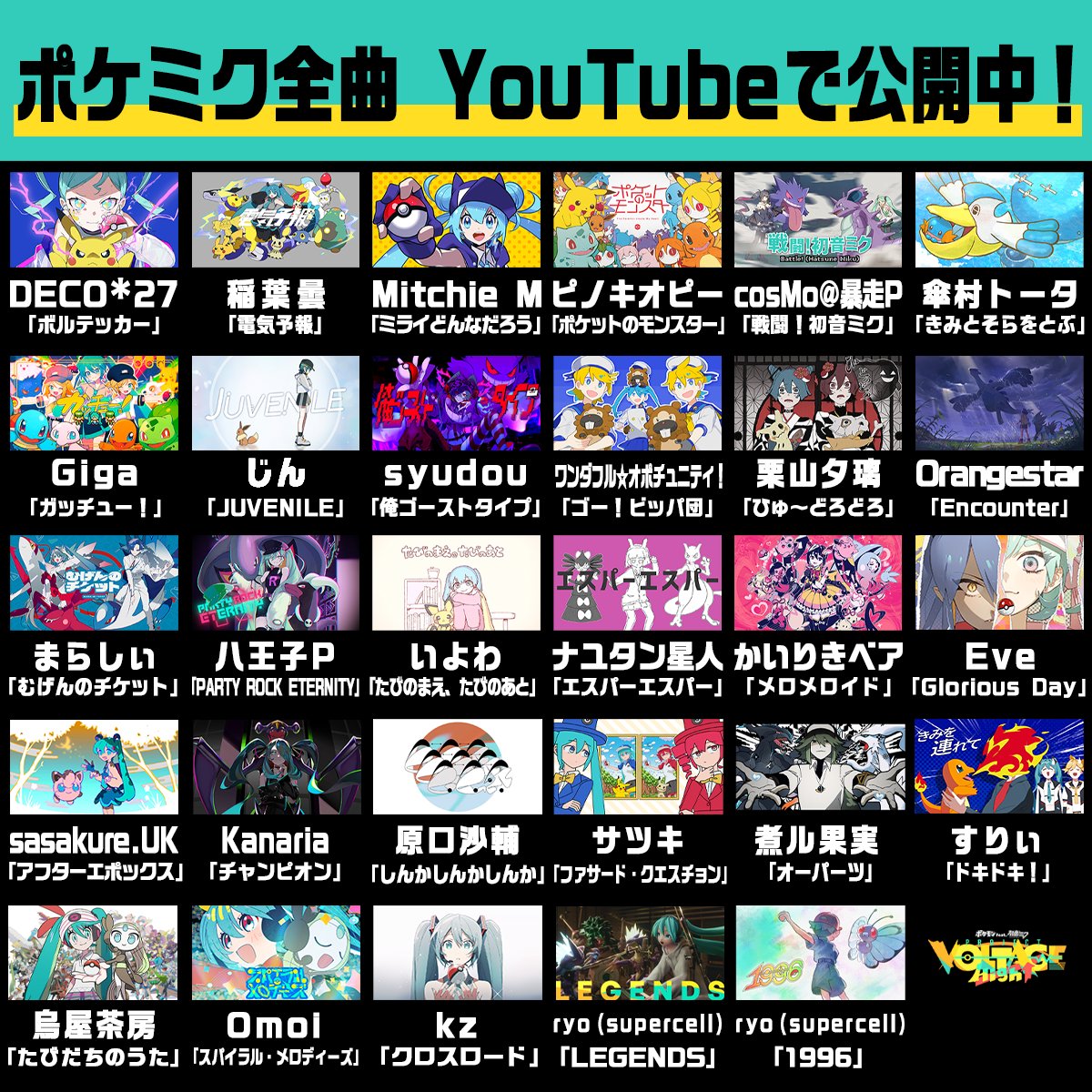 PokeMikuVOLTAGE's tweet photo. 【ポケミク全曲 YouTubeで公開中✨】

2023年、始まったポケミク🎊
2026年、オリジナル楽曲は29曲に🎉
総再生回数、1.51億回を突破‼️

あなたのお気に入りは、どの曲ですか？💖

⬇️！全曲の再生リストはこちら！⬇️ https://t.co/Dxy7cqCyIp