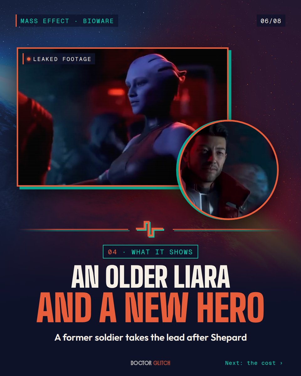 DoctorGlitchOff's tweet photo. The trailer shows an older Liara, a new former soldier hero and a Turian who looks like Garrus. https://t.co/AHzi8XhZKV