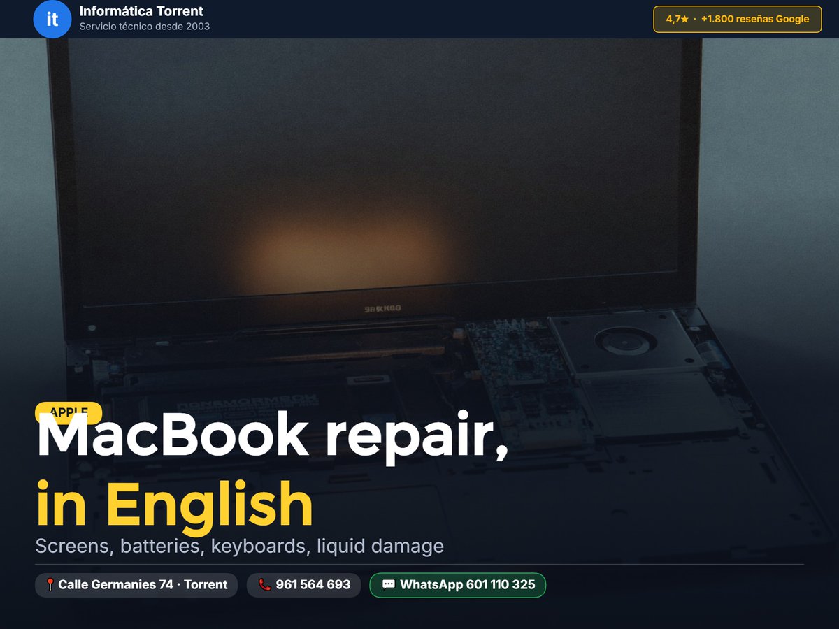 InformaticaTorr's tweet photo. MacBook repair in English in Torrent: screens, batteries, keyboards, liquid damage and logic boards, Intel or M-chip. Free diagnosis.
📲 WhatsApp 601 110 325 #MacBookRepair #Valencia https://t.co/k3v5pIDZ7f