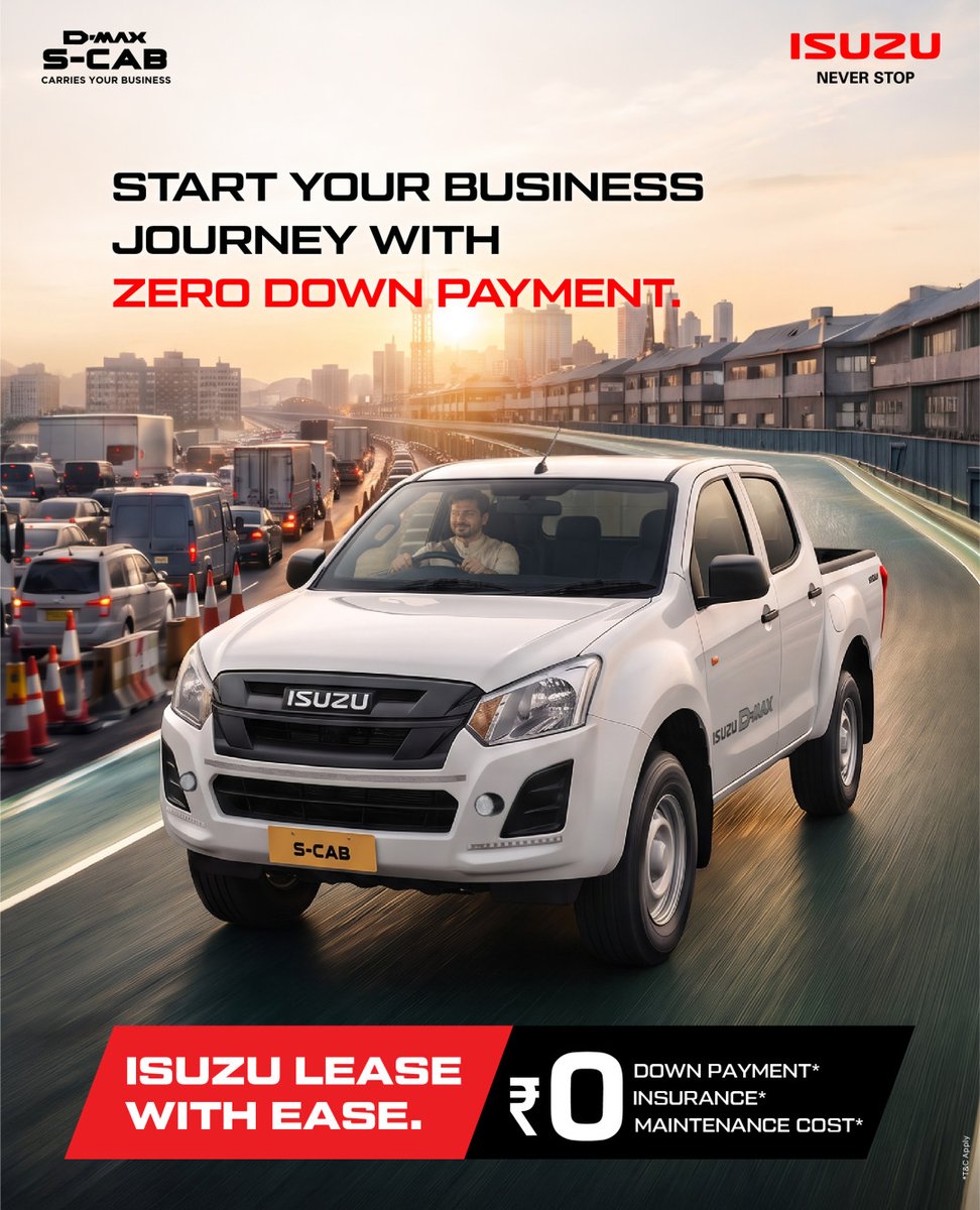 ISUZUHyderabad's tweet photo. When work calls for an upgrade, make the move with the ISUZU S-CAB. With Lease with Ease, get zero down payment and no additional costs for insurance or maintenance.
#ISUZUIndia #IsuzuSCAB #LeaseWithEase #BusinessGrowth #NeverStop #MahavirISUZU https://t.co/nX5B0FUvg1