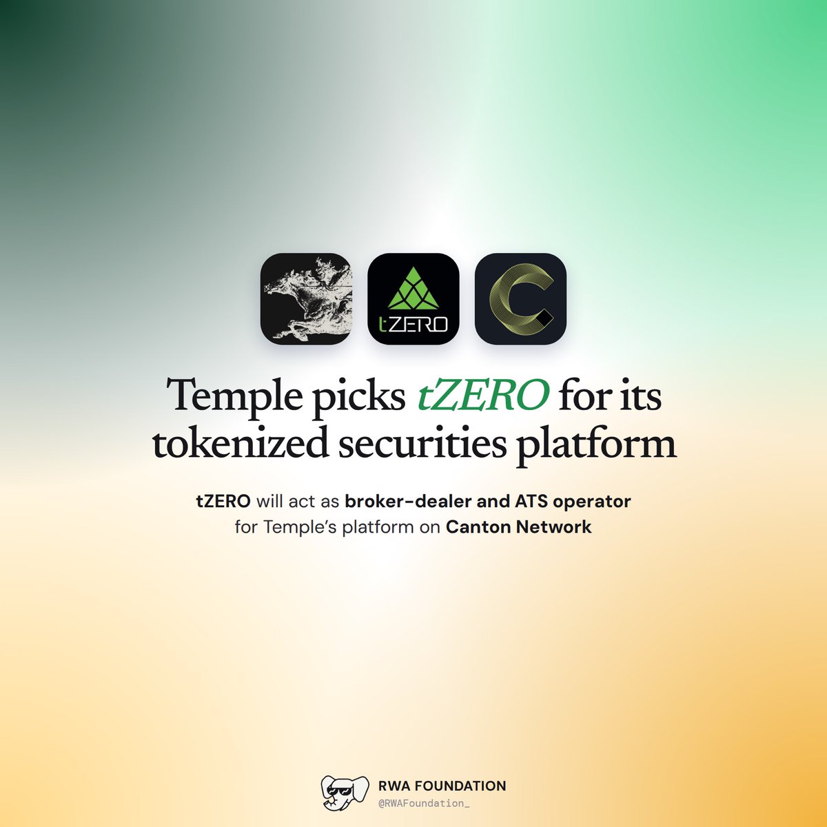 RWAFoundation_'s tweet photo. .@temple_ny selects @tZERO as broker-dealer and ATS operator for its tokenized securities platform on @CantonNetwork 🏛️ https://t.co/Q9UCj6D9aU