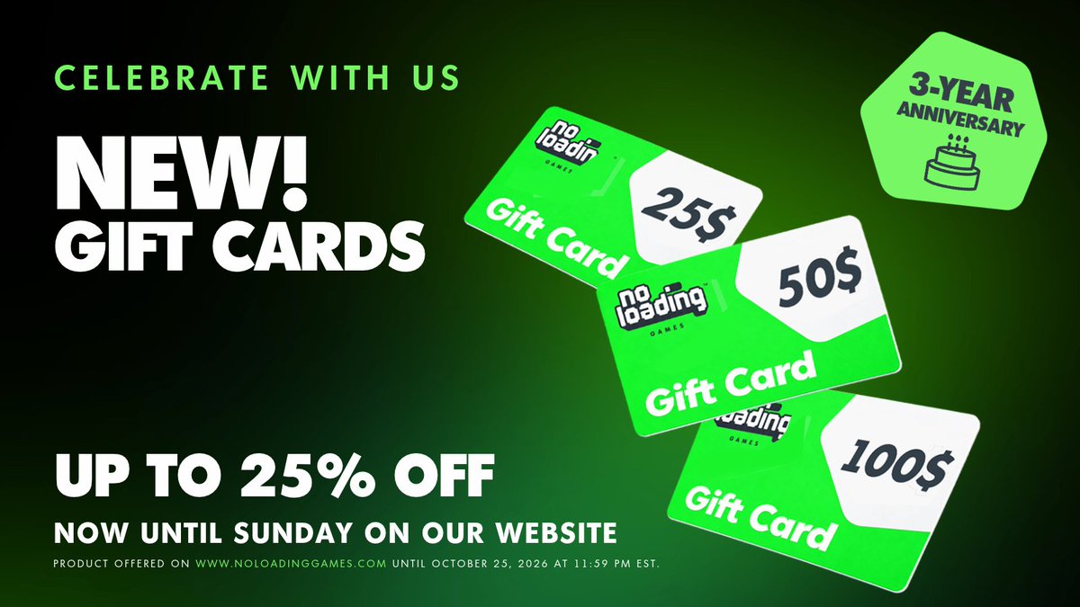 NoLoadingGames_'s tweet photo. Celebrate our birthday with us! We're marking the occasion with something new. 🥳

Know someone who loves Gwent, Edgerunners or PAC-MAN? Or maybe you've got your eye on an upcoming game? Now's your chance to buy a gift card for up to 25% off!

Buy now: https://t.co/QOLefh5BMI https://t.co/gLfwp8Mu9v