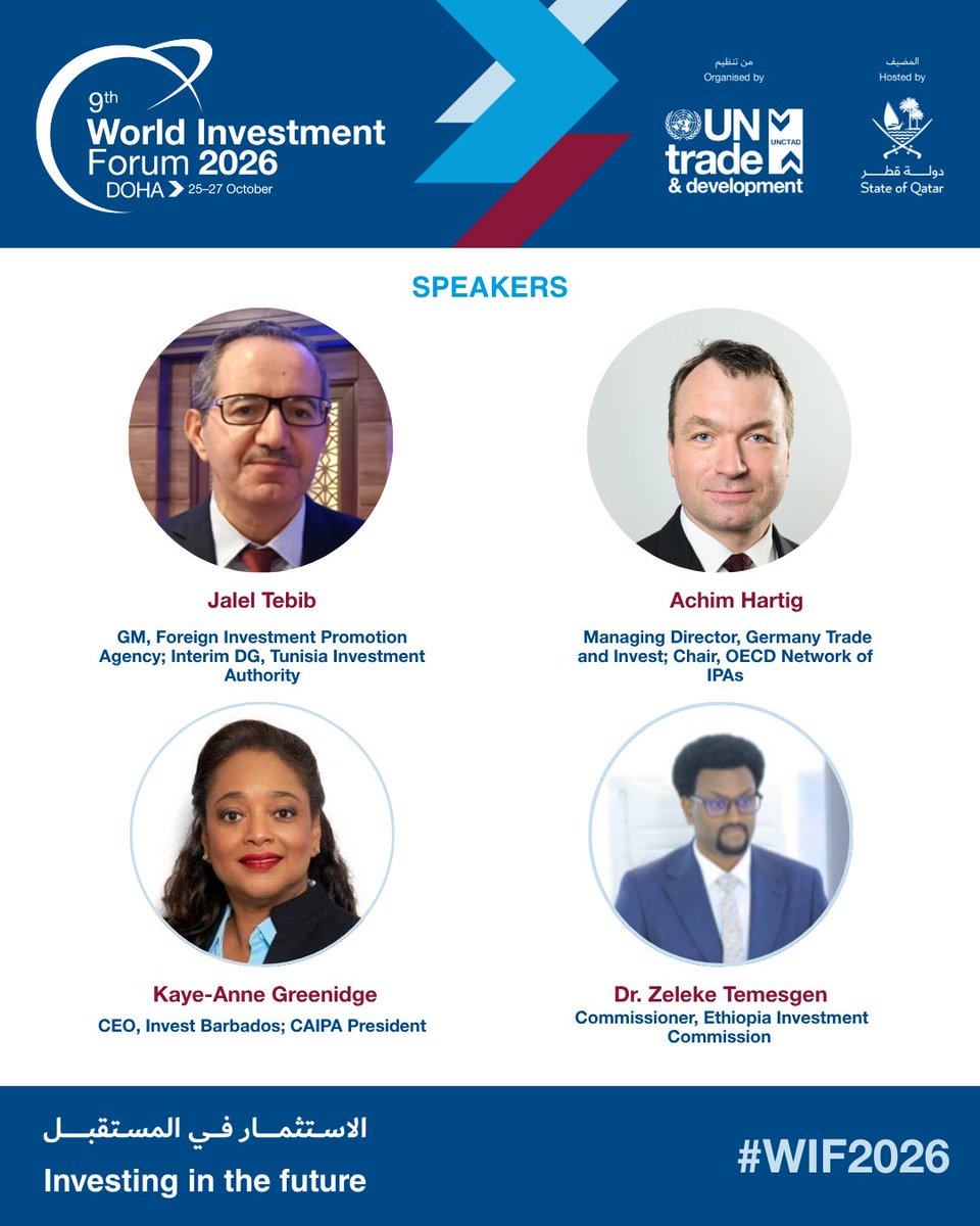 UNCTAD's tweet photo. World Investment Forum, Doha, Qatar, 25-27 October 2026.

Eight investment promotion leaders join #WIF2026 from @TIA_Tunisia; Ethiopia; @BarbadosInvest; @GTAI_com; @GAFI_EGYPT; Sierra Leone; @Investqa; @InvestChile 

https://t.co/rXiBccQJ6T #DohaWIF2026 https://t.co/5rMvaPX0kG
