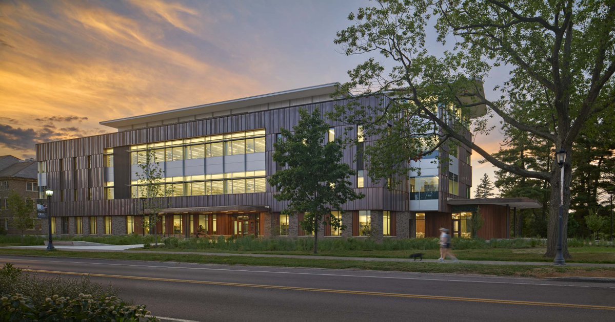 archpaper's tweet photo. Lake Flato and SWBR clad folded copper on Cornell University’s Atkinson Hall. Opened in April 2025, the facade has patinated and weathered into an envelope that relates to the natural environment. Read the full story in The Architect's Newspaper: https://t.co/w39cWXK0Ap https://t.co/TqsYiAXU3W