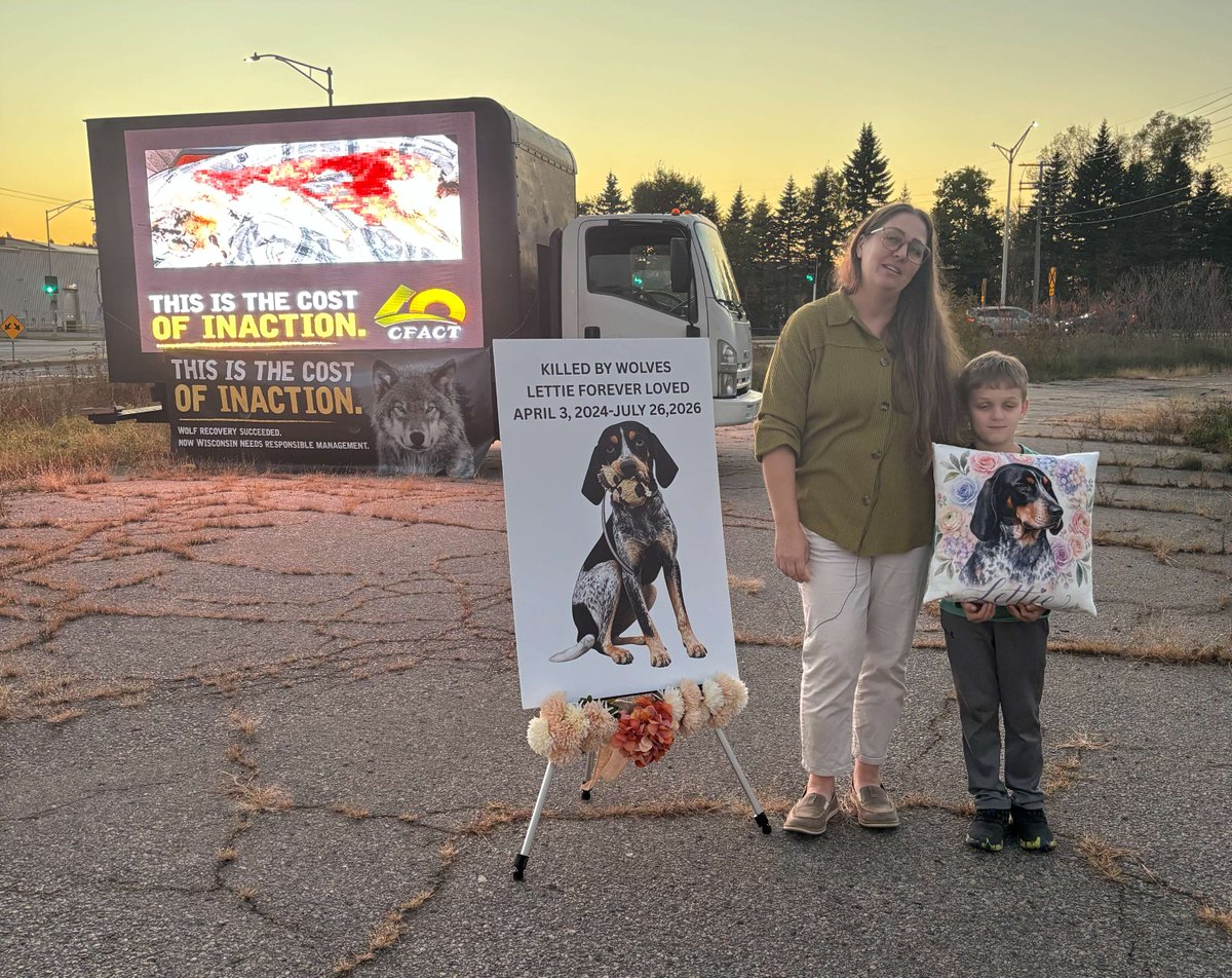 CFACT's tweet photo. CFACT's billboard truck is on the move once again in the great state of Wisconsin! 🚚

Yesterday it passed through Mercer, giving CFACT's team to meet up with a local activist that shares the keen conviction population management needs to be returned to the state control.

Later in Wausau, CFACT's team met with the family of Lettie, a beloved family pet and hunting dog that was brutally killed by wolves in July of this year to express their condolences in person.  

We need common sense policy reform ASAP! Will your pet be next? #DelisttheWolf #Wisconsinwolves #wolvesinwisconsin #conservation #SaveOurPets 🐶

For more information, visit: https://t.co/ZD8BsmEUQo