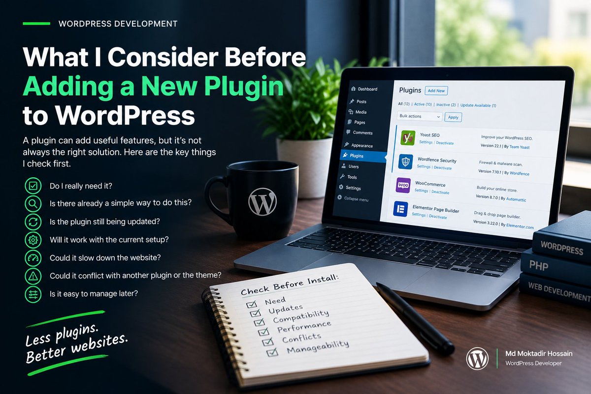 MoktadirWeb1's tweet photo. Before adding a WordPress plugin, I ask if it's really needed, if it's maintained, and if it might affect speed or other parts of the site. 
#WordPress #WebDev #Agency #WebDesign #MdMoktadirHossain https://t.co/OIzs49Ku7U
