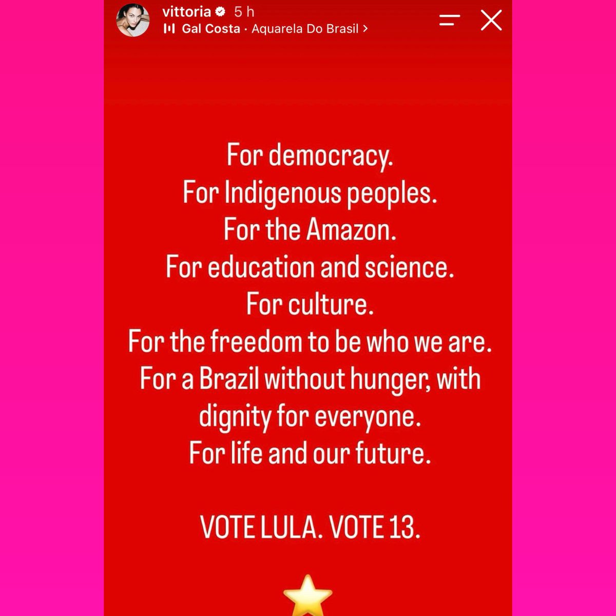 updatecharts's tweet photo. Vittoria Ceretti, ANGEL da Victoria’s Secret, declara apoio a LULA ao som de “Aquarela do Brasil”, de Gal Costa:

“Pela democracia. Pelos povos indígenas. Pela Amazônia. Pela educação e pela ciência. Pela liberdade de sermos quem somos. Por um Brasil sem fome, com dignidade para todos. Pela vida e pelo nosso futuro. Pela cultura. VOTE LULA. VOTE 13.”