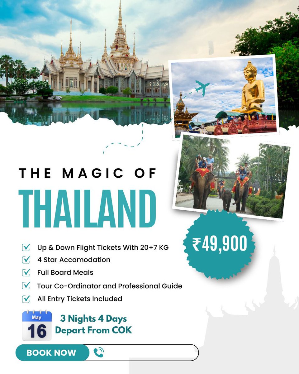 fernandareyes26's tweet photo. Thailand Premium Package
Departure: May 16 | ₹49, 900

4N/5D with Air Asia flights, 4-star stays, meals, transfers, English-speaking guide, Tiger Topia, Nong Nooch, Alcazar Show, Coral Island, Safari World, Bangkok temples, shopping and more. https://t.co/rXiRrf7n2D