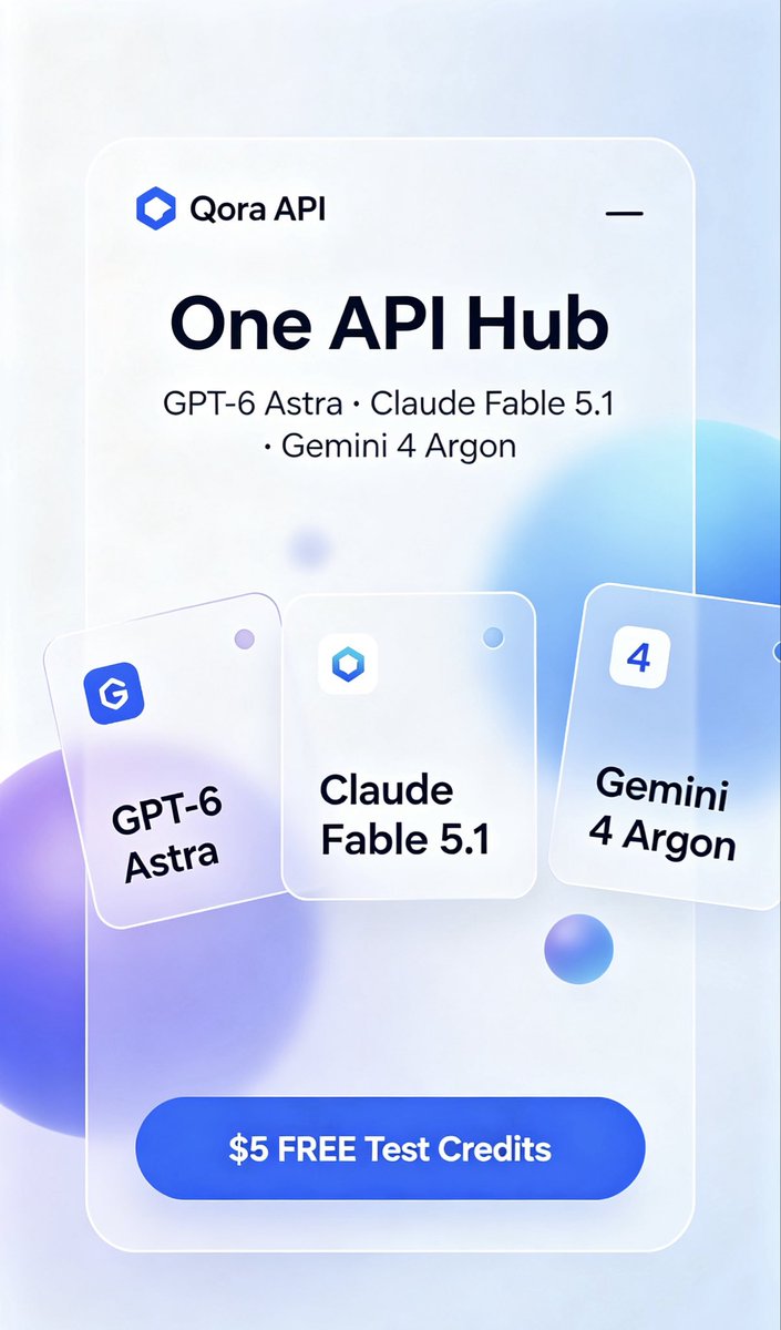 QoraAPI's tweet photo. Need access to the newest flagship models?

GPT-6 Astra, Claude Fable 5.1 &amp; Gemini 4 Argon all in one API hub.
Lower pricing, stable inference for your AI projects.

Grab $5 FREE test credits to test these top-tier models.

#AI #LLM #API #DevTools #OpenAI #Claude #Gemini https://t.co/GdOTJUYrGt
