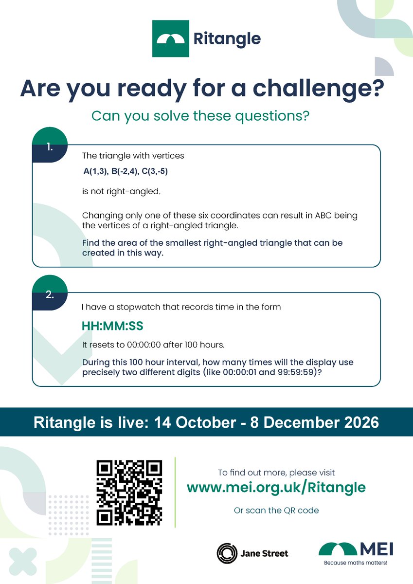MEIMaths's tweet photo. 📢 Do you teach post-16 maths students?

If you think they'd enjoy questions like these, why not share our Ritangle poster with them?

Teams can still register throughout November, so there's plenty of time to join the challenge!

🔗 https://t.co/Uqg4jxfnJu

#Ritangle2026 https://t.co/rg8put237B
