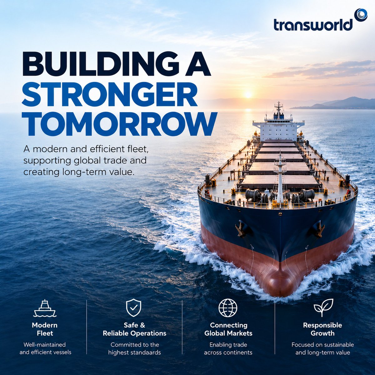 TransworldTweet's tweet photo. Every vessel represents more than a journey across the seas. It reflects a commitment to reliability, operational excellence, and the future of global trade.

At Transworld, our ship-owning business plays an important role in strengthening maritime connectivity through efficient fleet operations, high safety standards, and a long-term approach to responsible growth.

With a focus on performance, reliability, and sustainability, we continue to support the movement of goods across global markets while creating lasting value for our stakeholders.

🌐 Explore more: https://t.co/GUt1hwJq0E

#Transworld #ShipOwning #MaritimeIndustry #GlobalTrade #FleetManagement #Shipping #MaritimeExcellence