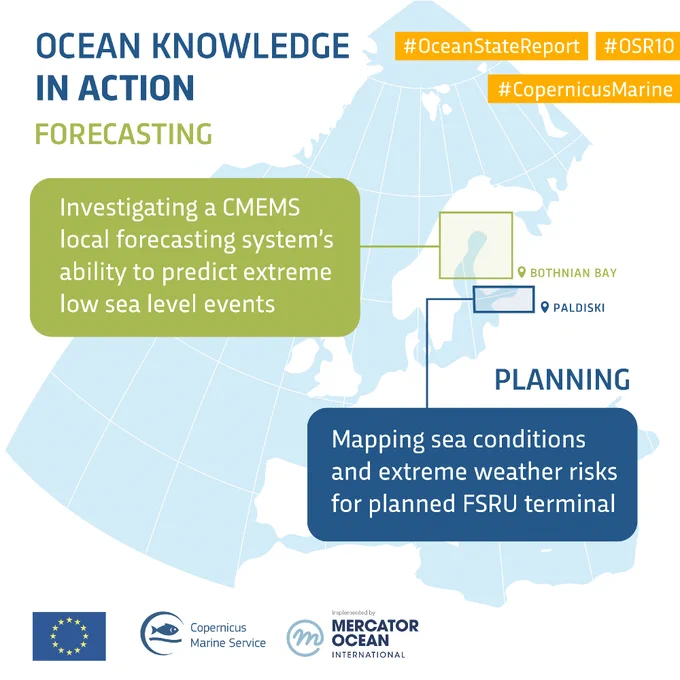 This image is an infographic titled "Ocean Knowledge in Action." It outlines two key activities: "Forecasting" and "Planning." The forecasting section mentions investigating a CMEMS local forecasting system's ability to predict extreme low sea level events. The planning section highlights mapping sea conditions and extreme weather risks for a planned FSRU terminal. The map includes a location marked in the Bothnian Bay near Paldiski. The image features logos of Copernicus Marine Service and Mercator Ocean International, with hashtags #OceanStateReport, #OSR10, and #CopernicusMarine.