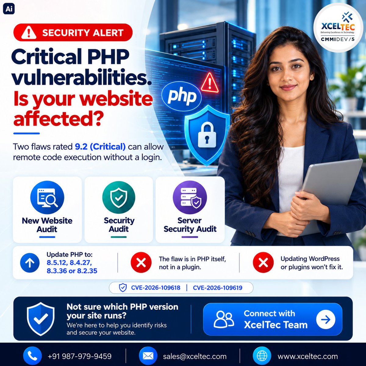 XcelTec's tweet photo. Critical PHP Vulnerabilities? Secure your website with XcelTec!

• Website Security Audit • PHP &amp; Server Checks • Vulnerability Detection • Secure PHP Updates • Stronger Website Protection

Visit: https://t.co/kqqTomd86t

#XcelTec #PHPSecurity #CyberSecurity https://t.co/dW2gYHi3Di