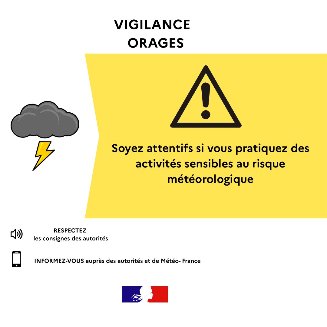 Prefet26's tweet photo. #VigilanceJaune | 🟡 ⛈️ Météo France a placé la Drôme en vigilance jaune pour orages aujourd’hui jusqu’en début d’après-midi. 

Des orages se déplaceront du sud de la vallée du Rhône vers l’Est.
Des averses et de la foudre sont attendues.

Soyez prudents et restez informés. https://t.co/63ZCzRTeI3