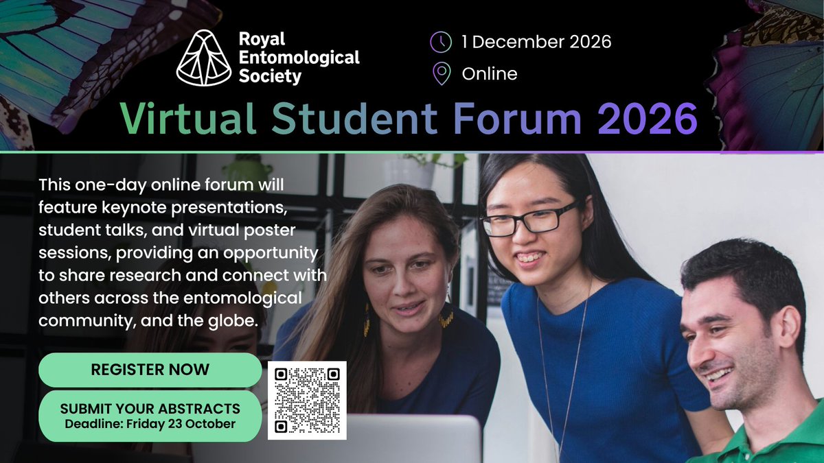 RoyEntSoc's tweet photo. 📄 Last day to submit your abstract!

If you're an entomology student, don't miss this chance to show your research, gain presentation experience &amp; connect with fellow entomologists at the Virtual Student Forum!

📄 Abstract deadline: 17:00, 23 Oct

https://t.co/LMibMnL0D1
#VSF26 https://t.co/8PhlGuEBtj