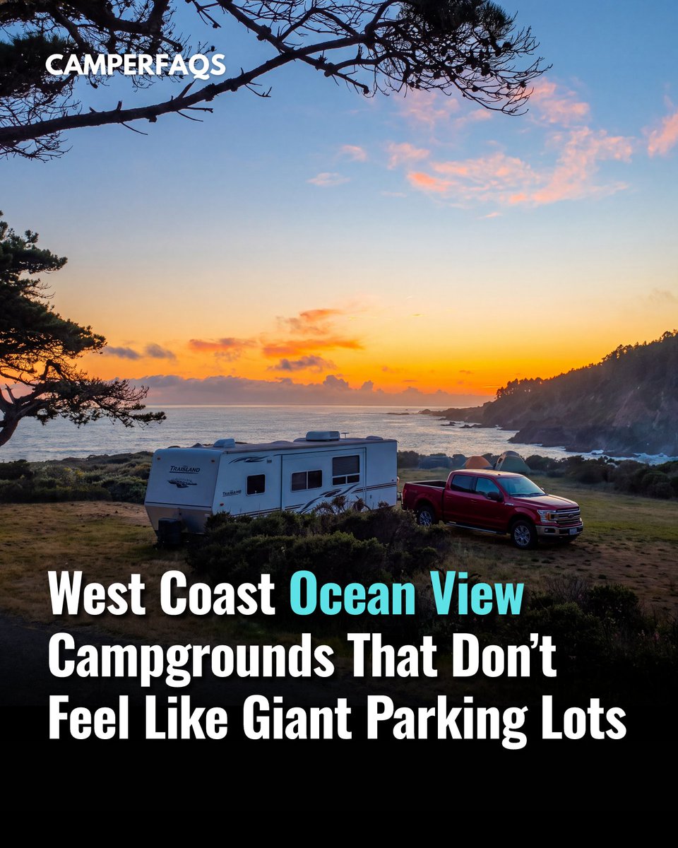 CamperFaqs's tweet photo. You've seen those "oceanfront" RV campgrounds that turn out to be a giant paved lot with a sliver of water view if you stand on your roof. This list is not that.

These are West Coast campgrounds where the ocean is actually part of the experience.

Bluff tops, open dunes, coastal trees, and real shoreline views right from your site. Southern California all the way up to Washington.

👉 Full list: https://t.co/l9BJf5Grmw