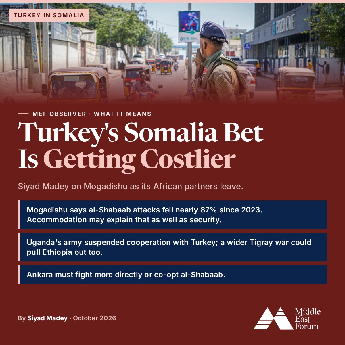 meforum's tweet photo. Afrikalı ortaklar çekilirken Türkiye Somali'ye daha fazla mı yüklenecek?

El-Şebab saldırılarındaki azalma, başarılı bir güvenlik planının olduğu kadar örgütle uzlaşmanın da göstergesi olabilir.

@MadeySiyad https://t.co/A3VwJ35cgW