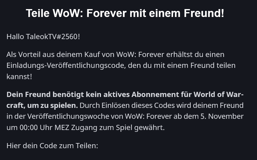 taleok's tweet photo. Habe noch 3 (!) WoW Forever Codes zu verschenken. Diese lassen Euch ab dem 5. November gratis zocken bis zum 11./12. November - ohne Abo. Meldet Euch gerne über Kommentar. Code gibt es dann von mir per Direktnachricht! Pow 🫰 https://t.co/AaX7warSBK