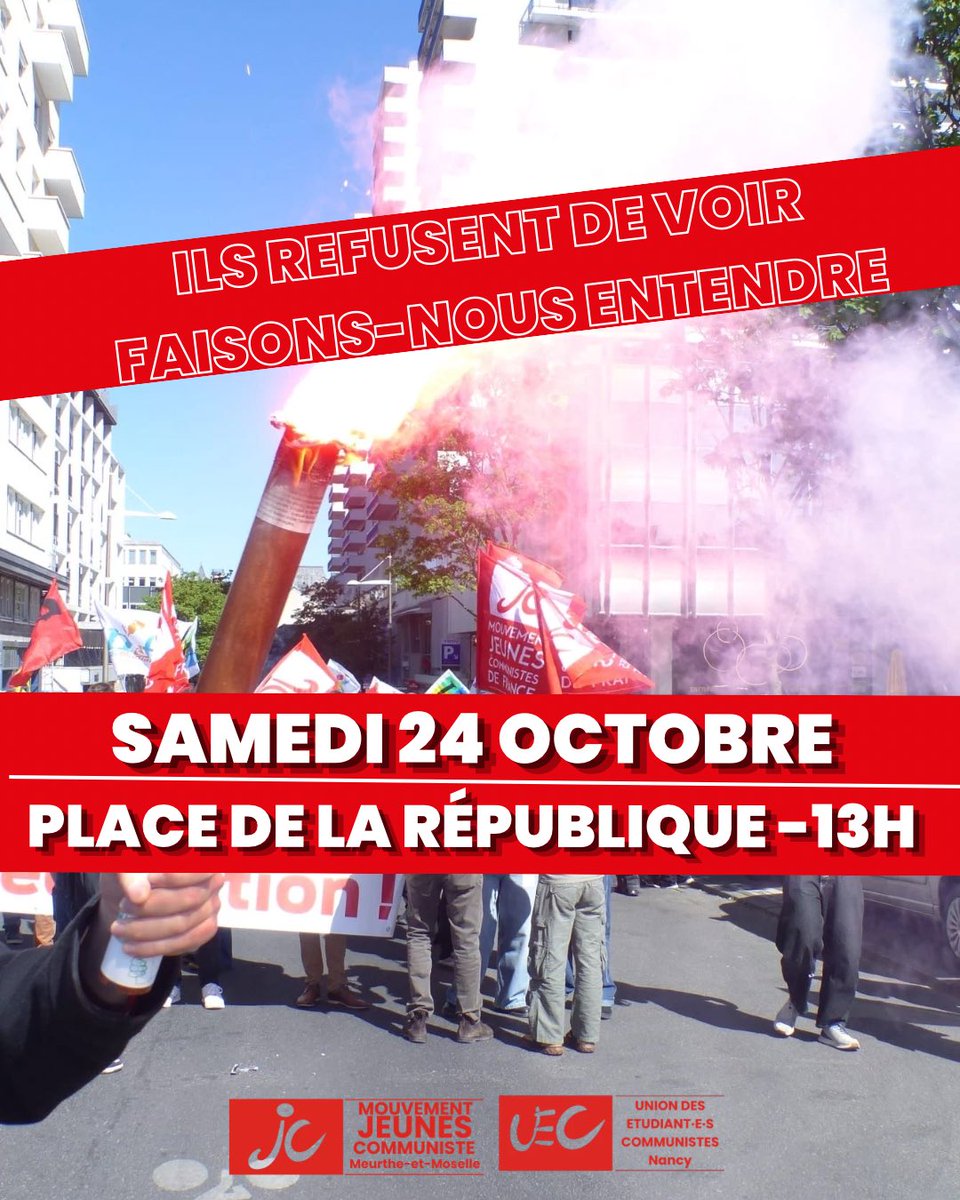 mjcf_54's tweet photo. 🔴 Le gouvernement refuse obstinément de voir nos revendications, soyons encore plus massif en manifestation pour nous faire entendre et enfin obtenir satisfaction ✊

RDV 13h place de la république à Nancy 

Organise ta colère, rejoins la JC 🚩 https://t.co/pCa5F4Le45
