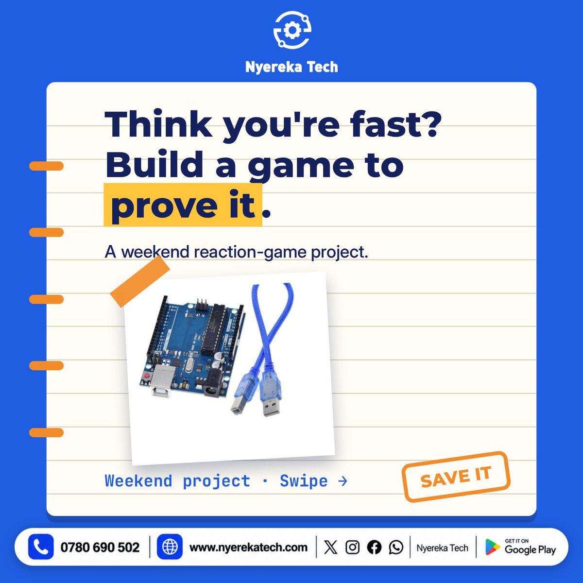 nyerekatech's tweet photo. Think you’re fast? 
Build a reaction game this weekend. Arduino Uno + 2 buttons + 2 LEDs + buzzer. Wait for the beep, press first, win. Tag us with your fastest time! 
https://t.co/htK3Eb33xF 
#Arduino #DIY https://t.co/GJBcP7m4AI