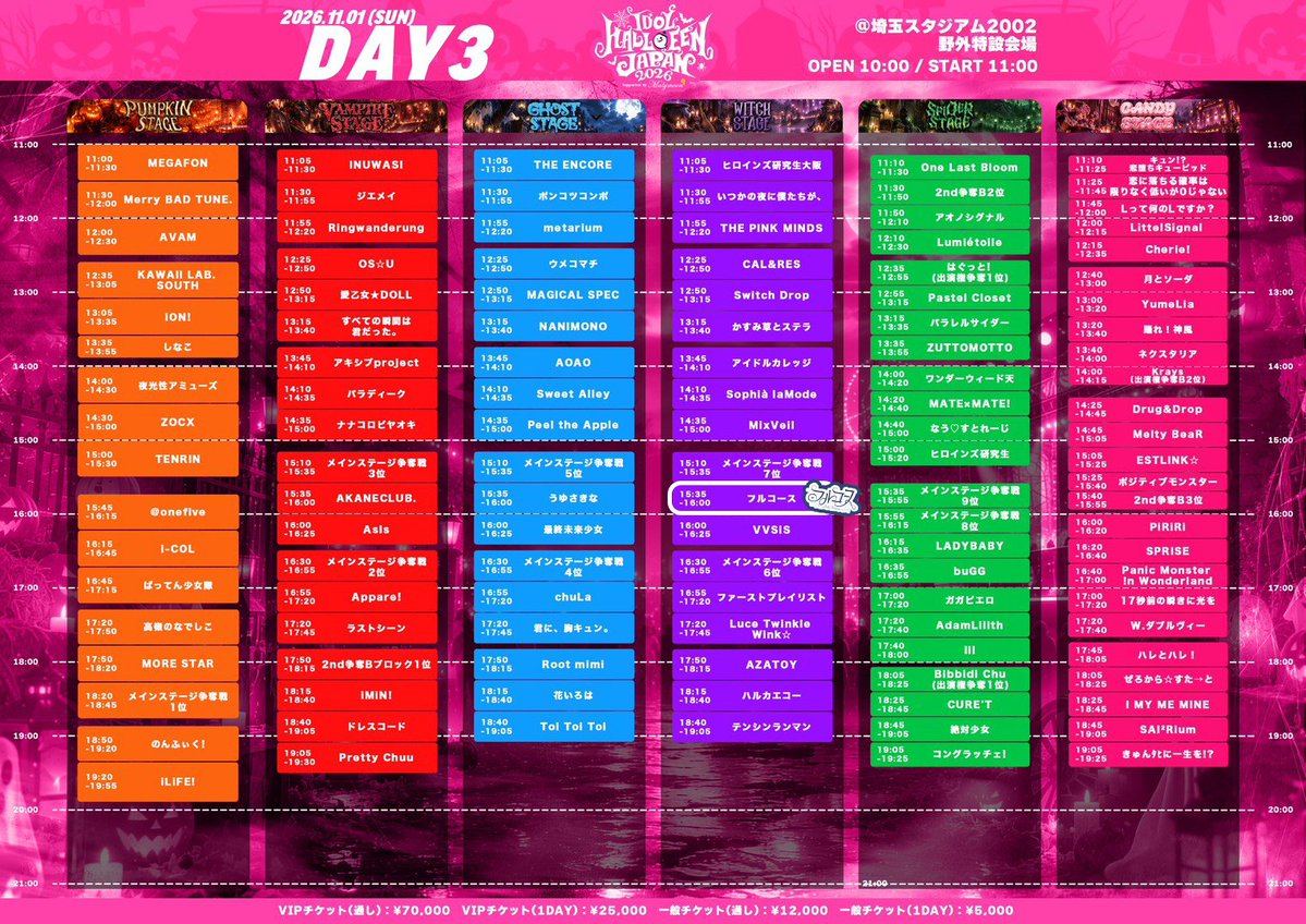 FullCourse_idol's tweet photo. ⸜⸜ 📢 ⸝⸝

IDOL HALLOWEEN JAPAN 2026
Supported by Malymoon
タイムテーブル＆お目当て特典公開💎

🗓️10/30(金) DAY1
🎤18:20~18:40 @ SPIDER STAGE🕸️
👗モノクロナース衣装
🎁お目当て特典⌇５秒動画🎥

🗓️10/31(土) DAY2
🎤12:50~13:15 @ VAMPIRE STAGE🧛
👗Malymoonドレス
🎁お目当て特典⌇写メ券🤳🏻

🗓️11/1(日) DAY3
🎤15:35~16:00 @ WITCH STAGE🪄
👗くまメイド衣装
🎁お目当て特典⌇10秒動画🎥

📍埼⽟スタジアム2002 野外特設会場
🎪https://t.co/DTCPr2gvTt

🎫チケット一般発売中!!
https://t.co/W2IxCeAFPH

フルコースとハロウィン満喫しようね🎃♡
お目当て特典もお見逃しなく🍭

@IDOLHJ_official
#IHJ2026 #アイドルハロウィンジャパン
#フルコース #フルコース出演情報