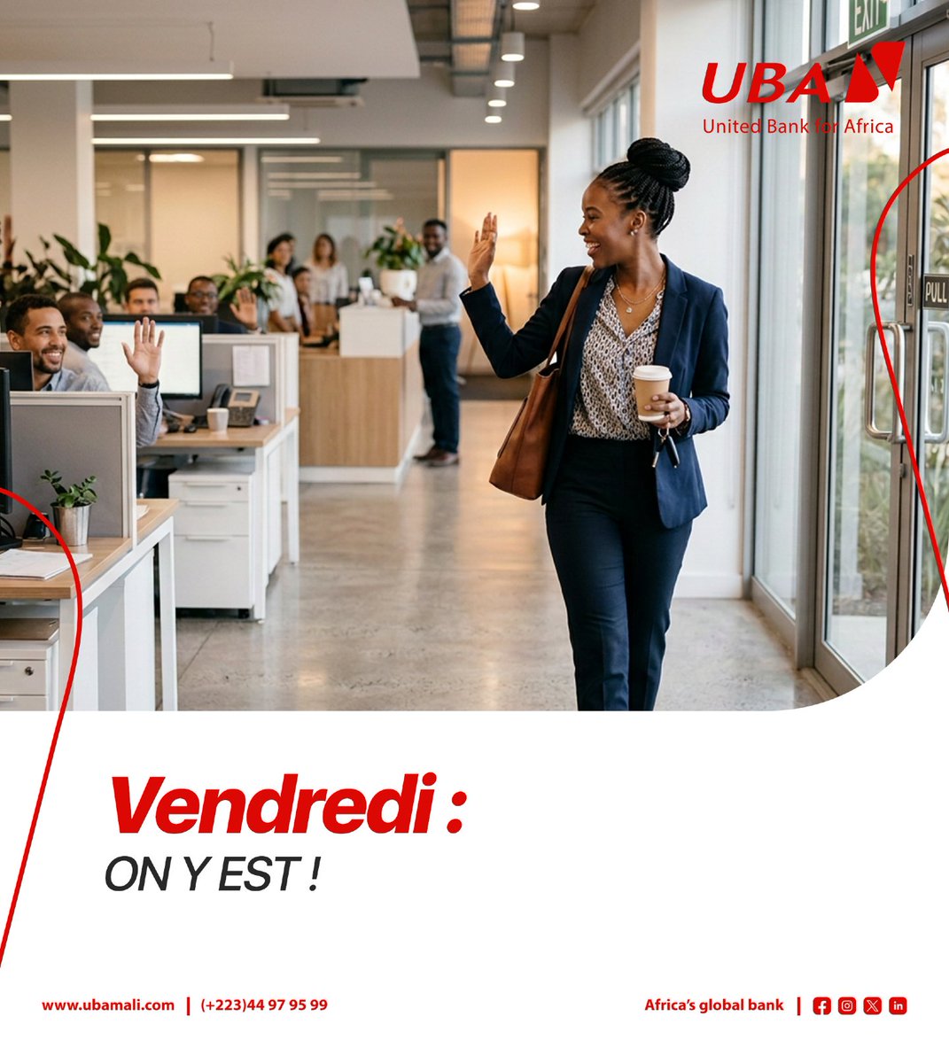 UBA_Mali's tweet photo. Vendredi est arrivé… et soudain, tout va mieux.
À tous ceux qui ont tenu toute la semaine : vous méritez votre week-end.
Bon vendredi !
#UBAMali #TGIF #africasglobalbank https://t.co/5QsY3wtJ80