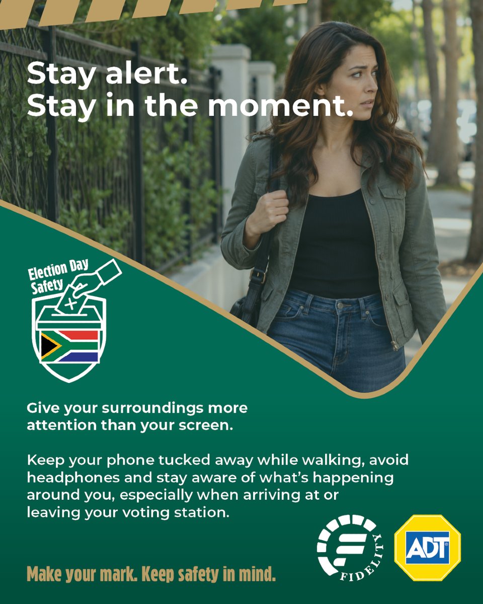 Fidelity_Secure's tweet photo. Stay alert. Stay in the moment.

Give your surroundings more attention than your screen.

Keep your phone tucked away while walking, avoid headphones and stay aware of what’s happening around you, especially when arriving at or leaving your voting station.
Make your mark. Keep safety in mind.

#fidelityservicesgroup #fidelityadt