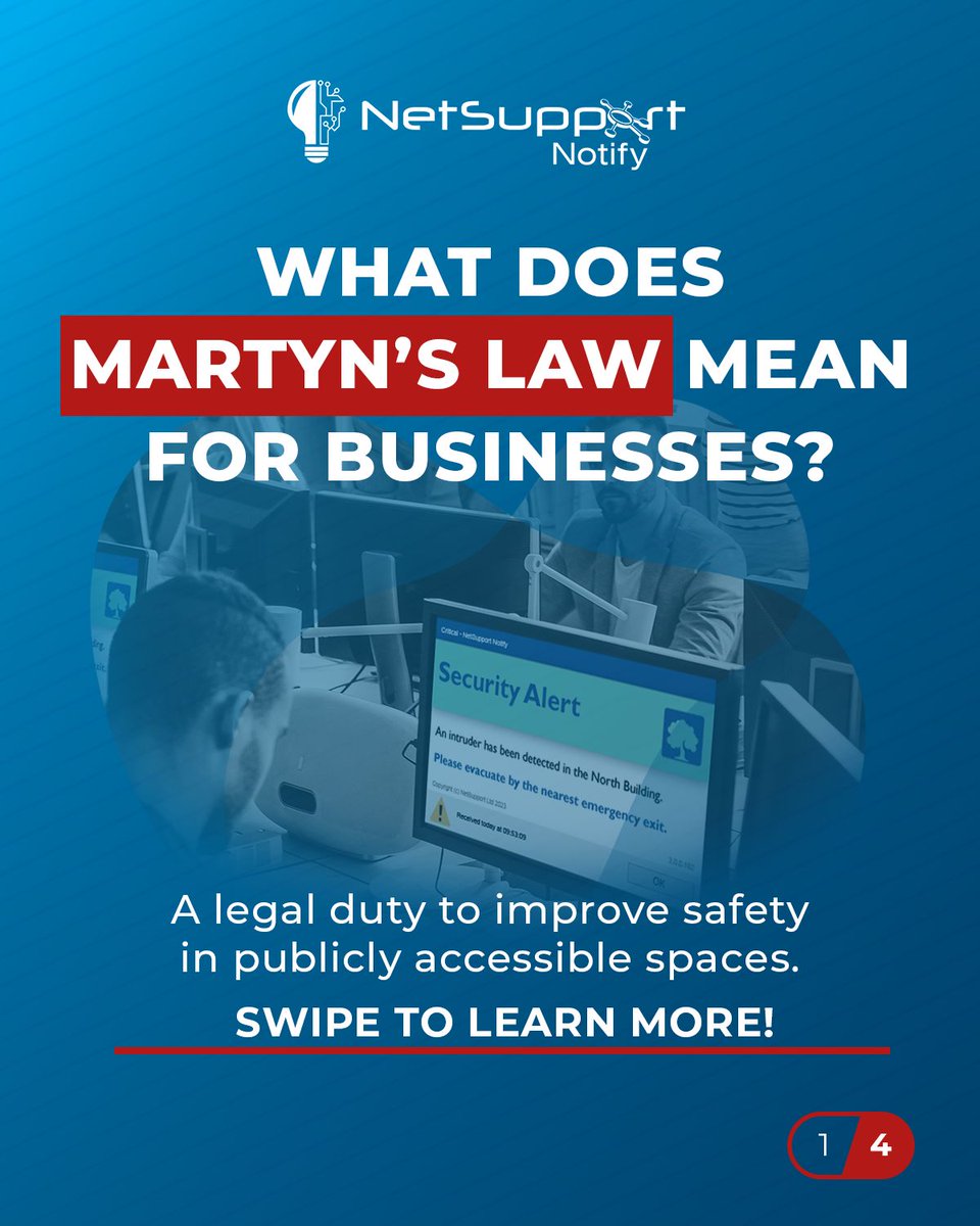 NetSupport_Corp's tweet photo. With Martyn's Law set to introduce new security and preparedness requirements for qualifying public premises and events, now is the time for businesses to review their emergency communication procedures.

Discover how NetSupport Notify can support it. 
👉 https://t.co/uTPm4blqyf https://t.co/f3hOqIA72b
