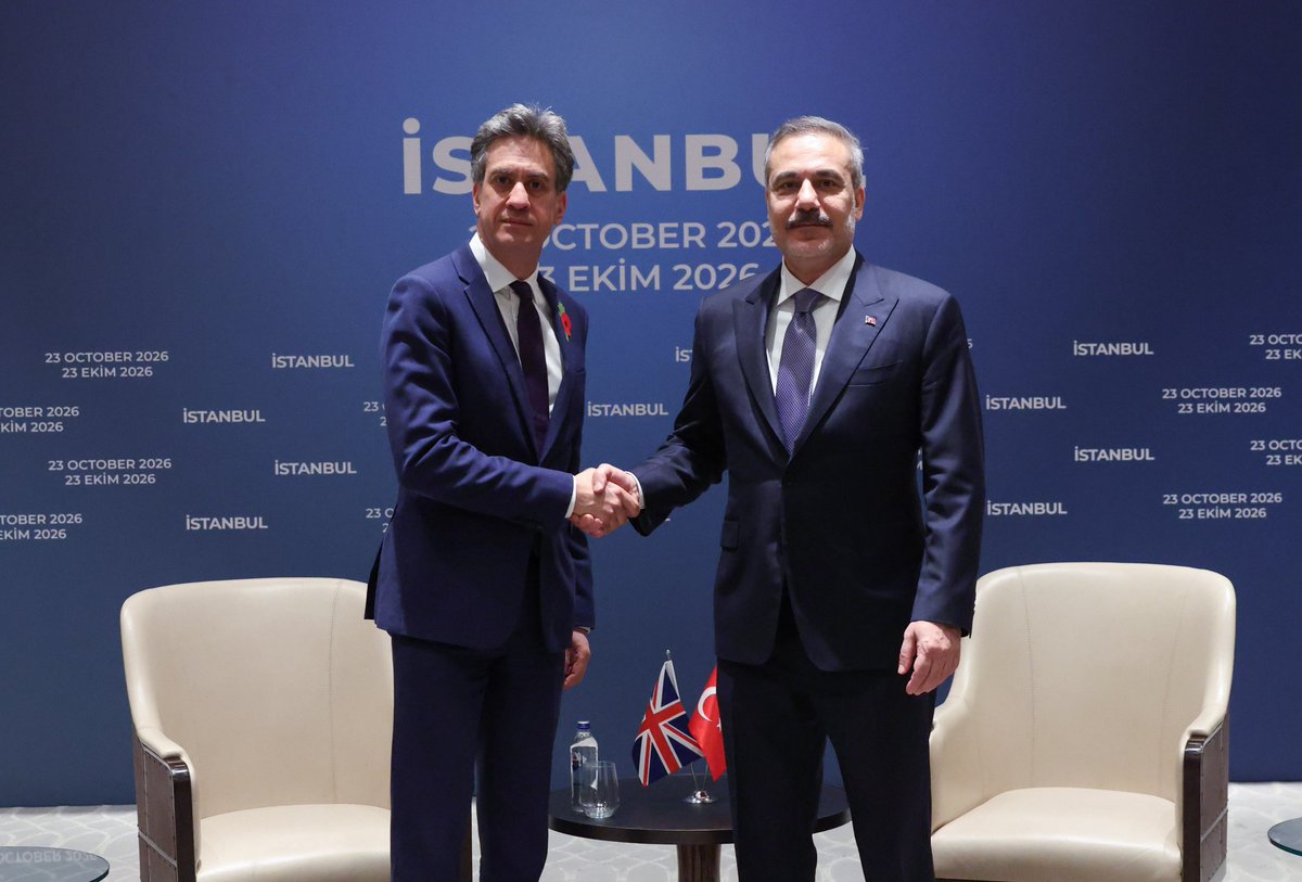 MFATurkiye's tweet photo. Minister of Foreign Affairs @HakanFidan met with Ed Miliband, Secretary of State for Foreign, Commonwealth and Development Affairs of the United Kingdom, in İstanbul. https://t.co/UtwuBztF1y