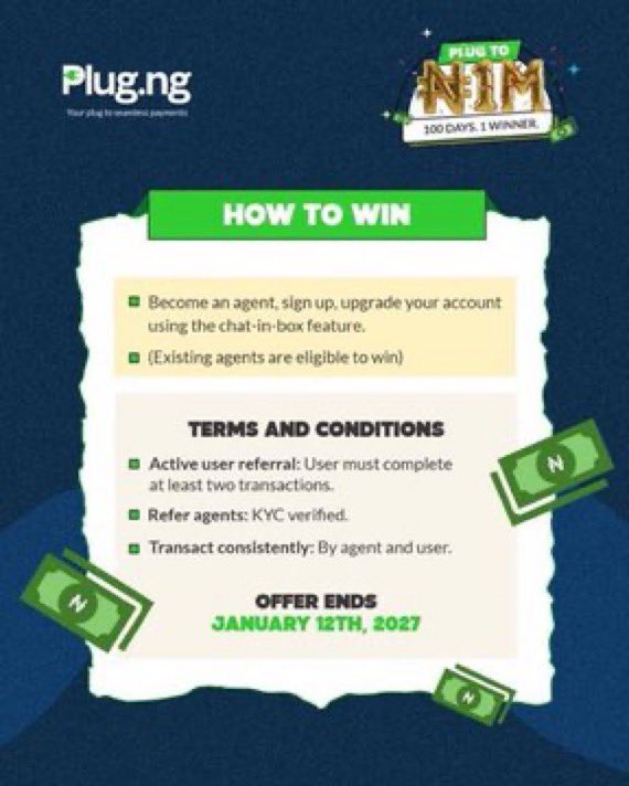yusufdeysteady's tweet photo. ₦1 MILLION could be yours today if you’re ready to become a https://t.co/xLUBdrNSSC Agent? This could be your chance to win big.

Here’s how to get started:

•Sign up using my link: https://t.co/WTR5FDYcqJ

•DM @plugng24 customer care and let them know you’re interested in becoming an agent.

Simple steps, big opportunity. don’t sleep on this one.👀

#PlugToAMillion #PlugNg