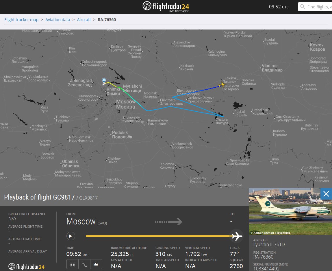 thereccelizard's tweet photo. On 22 Oct Gelix Airlines Il-76TD CANDID RA-76360 took off from Dubai UAE and appeared to land in eastern UKR. It did not; this is more spoofing. On 23 Oct it took off from Moscow (SVO) and is eastbound. https://t.co/wTIYwoy395